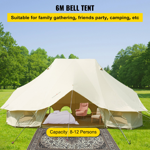VEVOR 6m Bell Tent 19.7x13.1x9.8 ft Yurt Beige Canvas Tent Cotton Glamping Tents